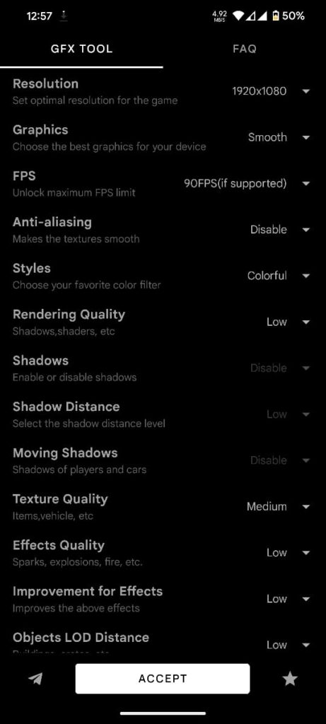 Settings for GFX Tool Pubg Mobile